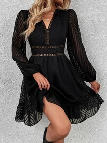 SHEIN Clasi Vestido de manga farol bajo con fruncido de malla - Negro - Ver 4