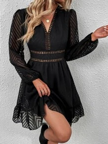 SHEIN Clasi Vestido de manga farol bajo con fruncido de malla - Negro - Ver 5
