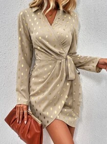 SHEIN Clasi 燙金側打結圍裹式連衣裙 - 卡其色 - 查看 1