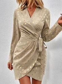 SHEIN Clasi 燙金側打結圍裹式連衣裙 - 卡其色 - 查看 3