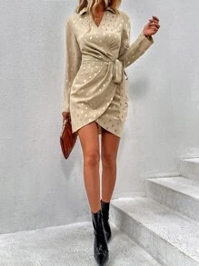 SHEIN Clasi 燙金側打結圍裹式連衣裙 - 卡其色 - 查看 4