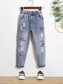 Tween Boy Slogan Graphic Ripped Jeans Chic Outfits For Autumn/Winter - Light Wash - View 1