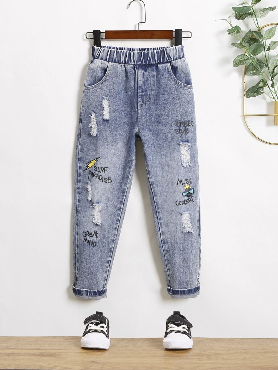 Tween Boy Slogan Graphic Ripped Jeans Chic Outfits For Autumn/Winter - Light Wash - View 1