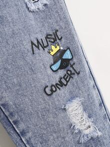 Tween Boy Slogan Graphic Ripped Jeans Chic Outfits For Autumn/Winter - Light Wash - View 5