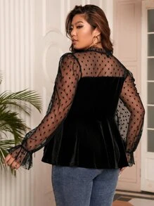 Celure Plus Dobby Mesh Flounce Sleeve Peplum Top - Black - View 2