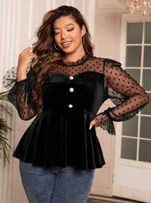 Celure Plus Dobby Mesh Flounce Sleeve Peplum Top - Black - View 4