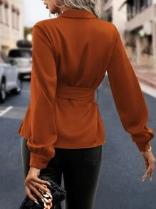 SHEIN Clasi Shawl Collar Belted Blouse - Burnt Orange - View 2