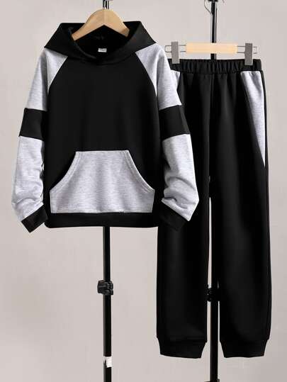 SHEIN Ensemble deux pièces pour garçon préadolescent : sweat-shirt à capuche avec panneau contrasté et pantalon de sport pour porter de manière décontractée ou pour le sport