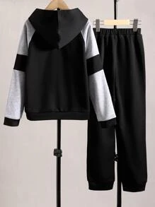 SHEIN Tween Boy 2 Pieces Contrast Panel Hoodie Sweatshirt And Sports Pants Set For Casual And Athletic Wear, School, Campus, College Chic Outfits For Autumn/Winter