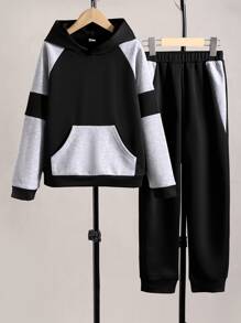 SHEIN Tween Boy 2 Pieces Contrast Panel Hoodie Sweatshirt And Sports Pants Set For Casual And Athletic Wear, School, Campus, College Chic Outfits For Autumn/Winter