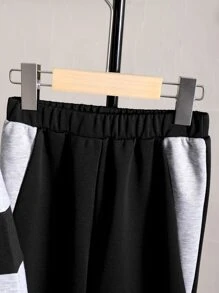 SHEIN Tween Boy 2 Pieces Contrast Panel Hoodie Sweatshirt And Sports Pants Set For Casual And Athletic Wear, School, Campus, College Chic Outfits For Autumn/Winter