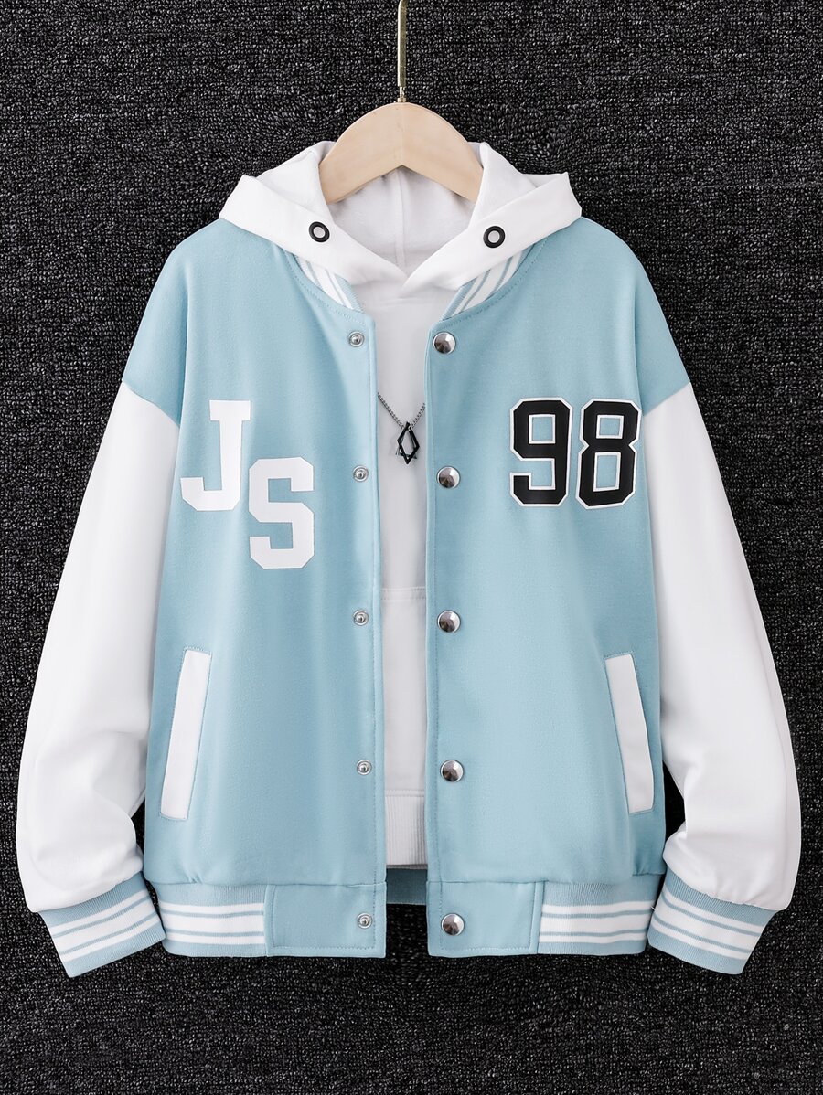 Boys 1pc Letter Graphic Colourblock Drop Shoulder Varsity Jacket - Blue and White - View 1