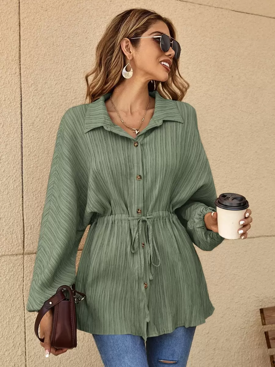 SHEIN Frenchy Solid Drawstring Waist Shirt Winter Green - Army Green - View 1