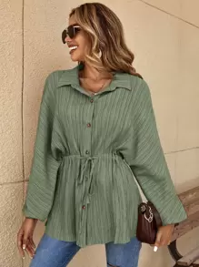 SHEIN Frenchy Solid Drawstring Waist Shirt Winter Green - Army Green - View 3