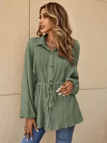 SHEIN Frenchy Solid Drawstring Waist Shirt Winter Green - Army Green - View 5