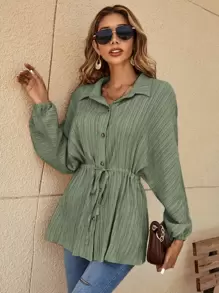 SHEIN Frenchy Solid Drawstring Waist Shirt Winter Green - Army Green - View 6