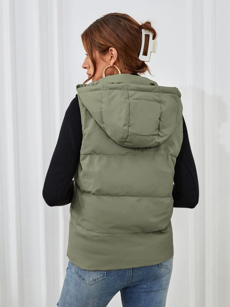 Zipper Up Slant Pocket Hooded Sleeveless Padded Coat In Fall/Winter Green Casual Green Christmas