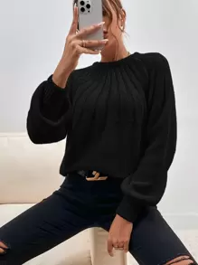 SHEIN Frenchy Solid Lantern Sleeve Jumper - Black - View 1