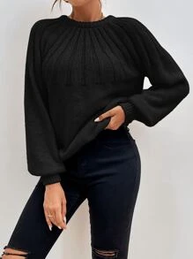 SHEIN Frenchy Solid Lantern Sleeve Jumper - Black - View 5
