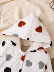 Genkimix Kids 年轻女孩心形印花连帽夹克，保暖内衬中长款，可爱，秋冬季