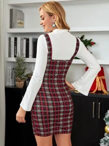 SHEIN Maternidad Vestido overol de tartán con botón falso bajo con abertura sin top - Multicolor - Ver 2