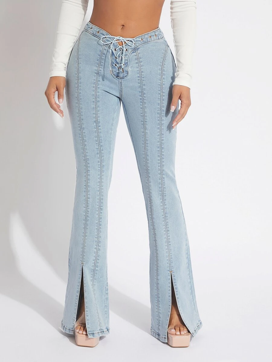SHEIN SXY Lace Up Waist Split Hem Flare Leg Jeans - Light Wash - View 1