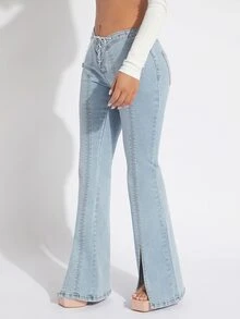 SHEIN SXY Lace Up Waist Split Hem Flare Leg Jeans - Light Wash - View 5