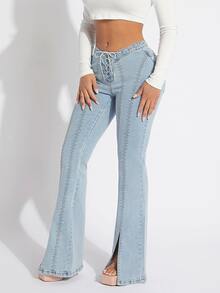 SHEIN SXY Lace Up Waist Split Hem Flare Leg Jeans - Light Wash - View 4