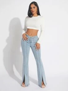 SHEIN SXY Lace Up Waist Split Hem Flare Leg Jeans - Light Wash - View 3