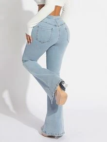 SHEIN SXY Lace Up Waist Split Hem Flare Leg Jeans - Light Wash - View 6