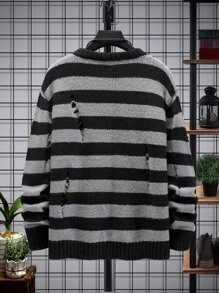 Manfinity Homme Men Striped Pattern Ripped Drop Shoulder Jumper - Multicolor - View 2