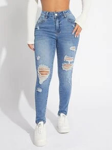 SHEIN SXY 破洞緊身牛仔褲 - 淺色水洗藍 - 查看 1