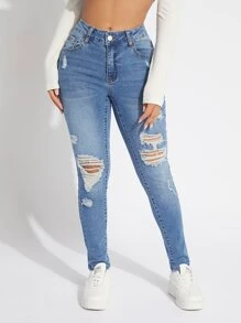 SHEIN SXY 破洞緊身牛仔褲 - 淺色水洗藍 - 查看 4