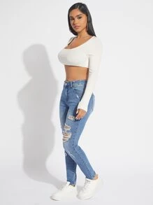 SHEIN SXY 破洞緊身牛仔褲 - 淺色水洗藍 - 查看 5