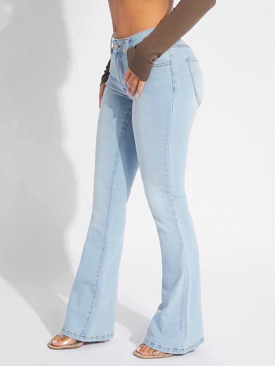 SHEIN SXY Zipper Fly Flare Leg Jeans - Light Wash - View 1