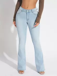 SHEIN SXY Zipper Fly Flare Leg Jeans - Light Wash - View 4