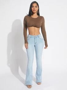 SHEIN SXY Zipper Fly Flare Leg Jeans - Light Wash - View 5