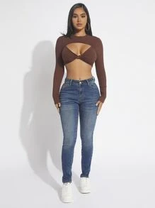 SHEIN SXY 斜口袋緊身牛仔褲 - 淺色水洗藍 - 查看 1