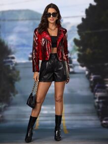 SHEIN Privé Snakeskin Print PU Leather Biker Jacket - Multicolor - View 4