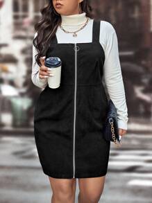 SHEIN LUNE Plus Zip Up Slant Pocket Corduroy Pinafore Dress Without Tee - Black - View 1