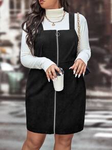 SHEIN LUNE Plus Zip Up Slant Pocket Corduroy Pinafore Dress Without Tee - Black - View 4