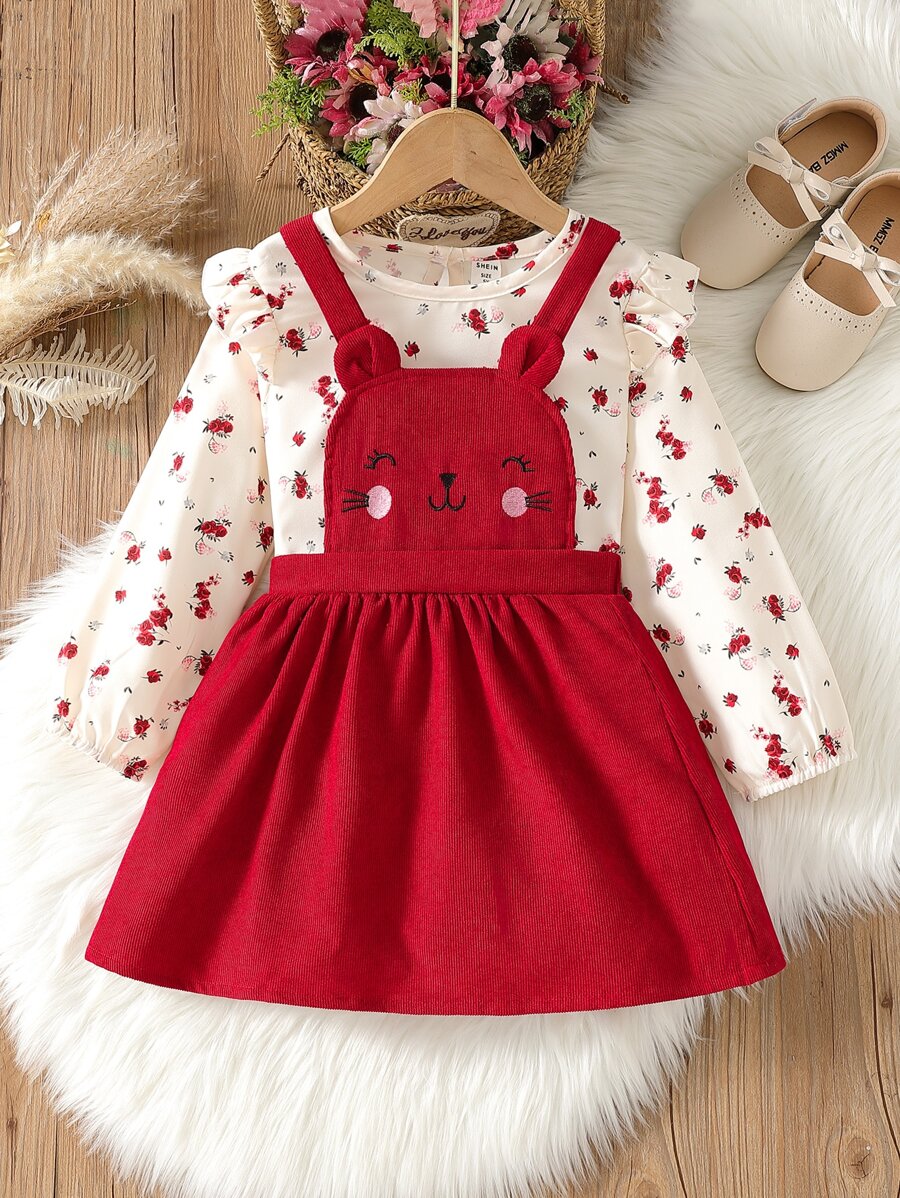 SHEIN Toddler Girls Floral Print Ruffle Trim Blouse & Pinafore Dress - Red and White - View 1
