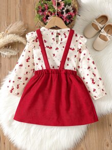 SHEIN Toddler Girls Floral Print Ruffle Trim Blouse & Pinafore Dress - Red and White - View 2