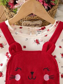 SHEIN Toddler Girls Floral Print Ruffle Trim Blouse & Pinafore Dress - Red and White - View 3