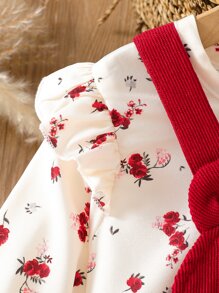 SHEIN Toddler Girls Floral Print Ruffle Trim Blouse & Pinafore Dress - Red and White - View 4