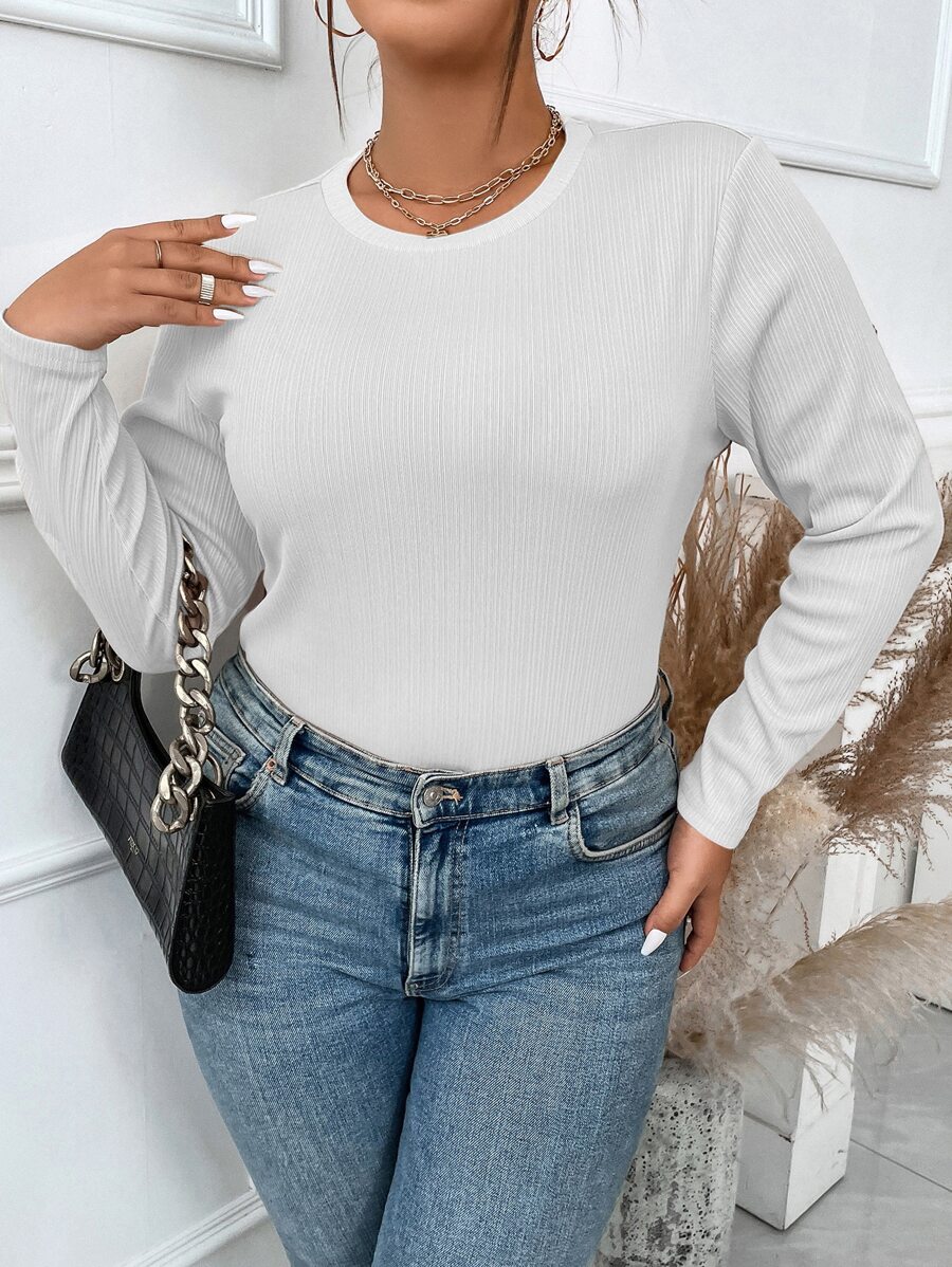 SHEIN LUNE 大碼素色條紋針織T恤 - 白色 - 查看 1