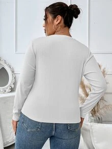 SHEIN LUNE 大碼素色條紋針織T恤 - 白色 - 查看 2