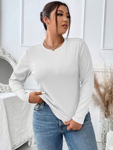 SHEIN LUNE 大碼素色條紋針織T恤 - 白色 - 查看 4