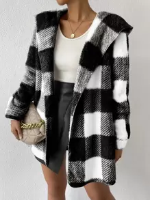 SHEIN Essnce Buffalo Plaid Pattern Hooded Flannel Coat - Black and White - View 1