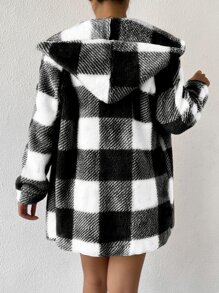 SHEIN Essnce Buffalo Plaid Pattern Hooded Flannel Coat - Black and White - View 2
